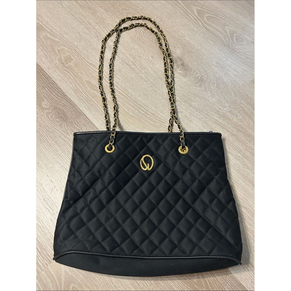 St. John Vintage Black Quilted Chain-Handle Gold Accen Tote Bag